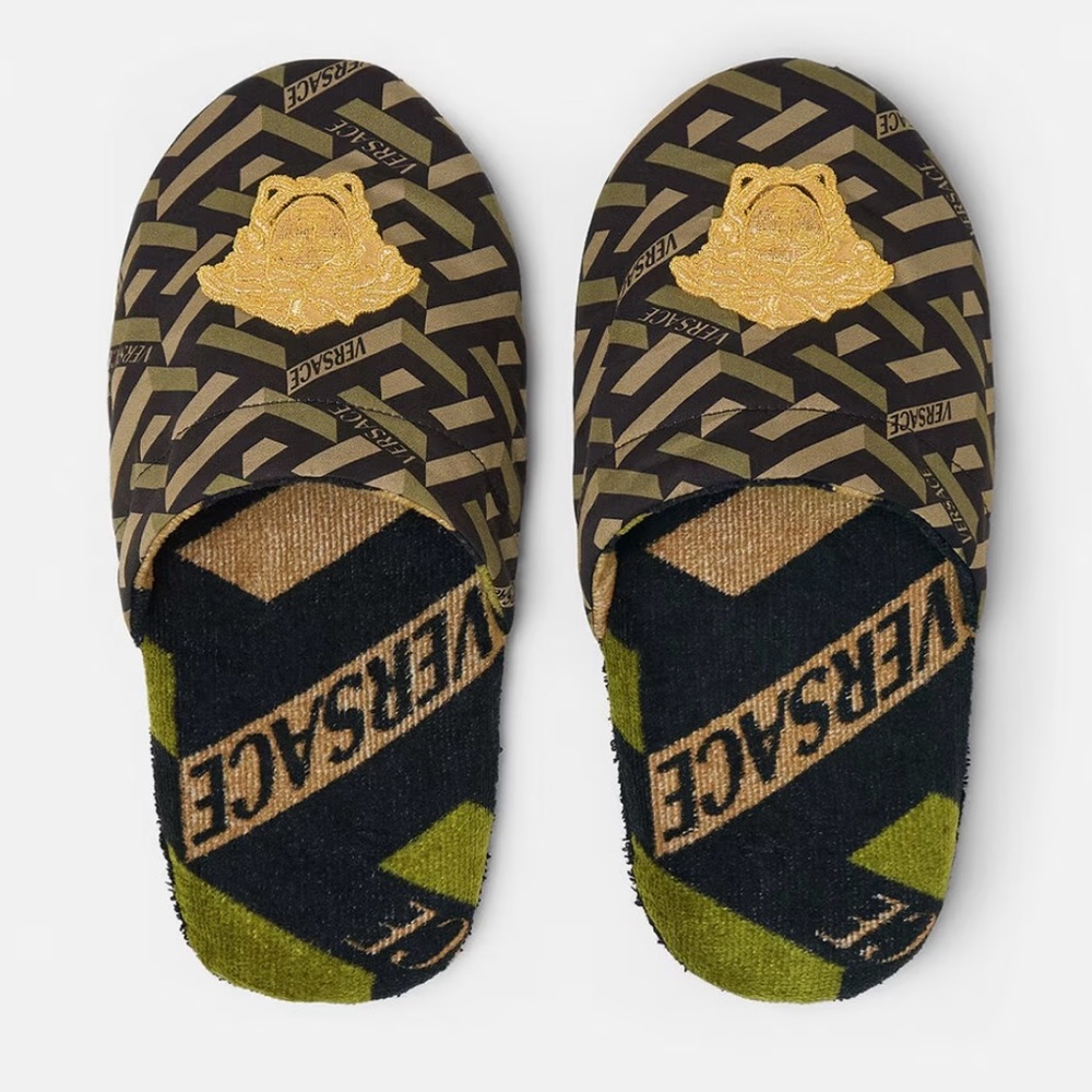 VERSACE EMBROIDERED LA GRECA SLIPPERS